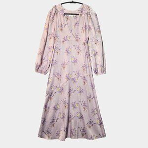 LoveShackFancy Kinnear Floral Satin Midi Dress 0 Pink Cottagecore Coquette